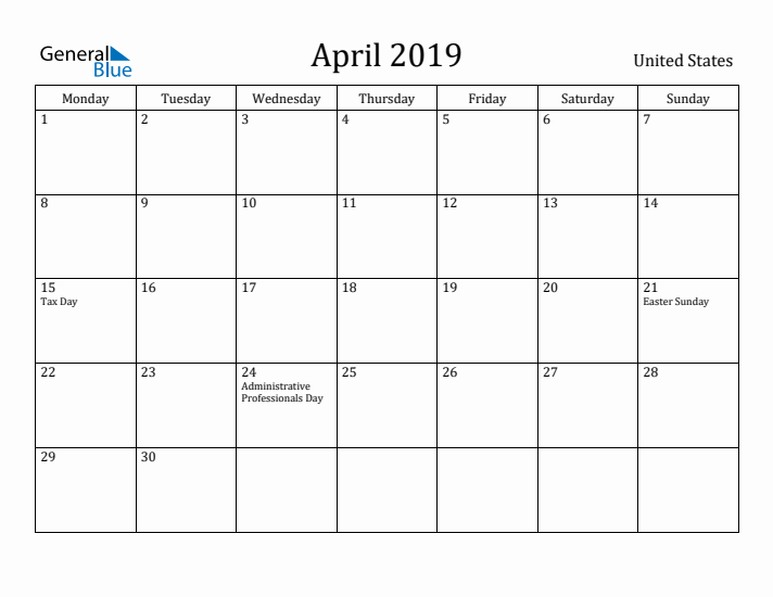April 2019 Calendar United States
