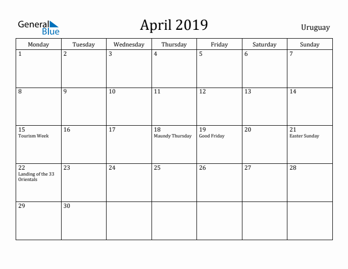 April 2019 Calendar Uruguay
