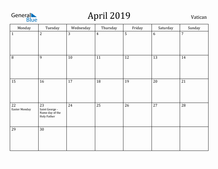 April 2019 Calendar Vatican