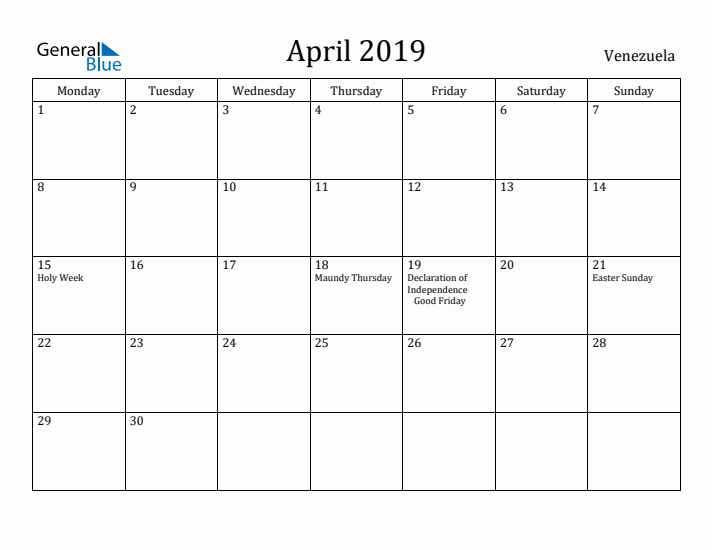 April 2019 Calendar Venezuela