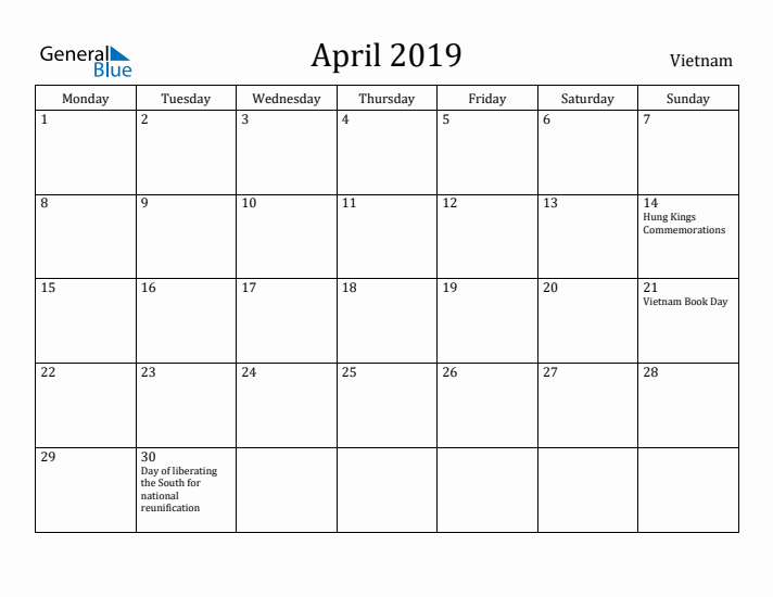 April 2019 Calendar Vietnam