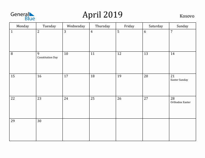 April 2019 Calendar Kosovo