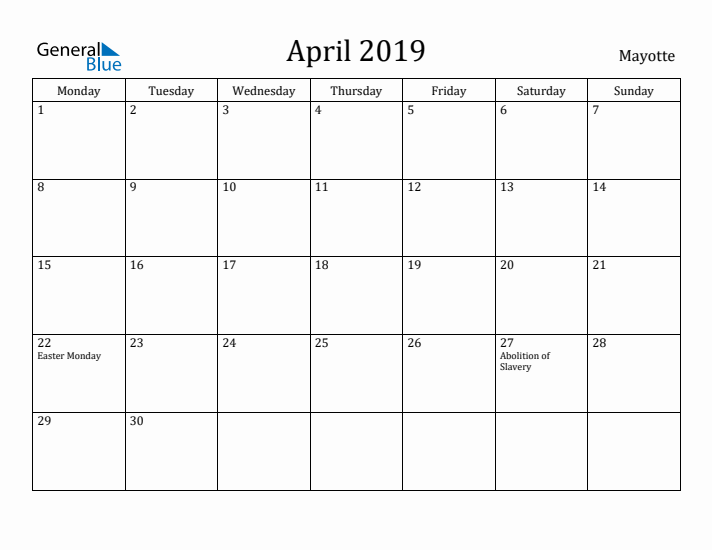 April 2019 Calendar Mayotte