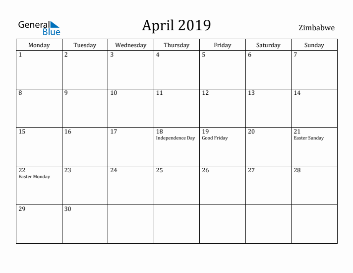 April 2019 Calendar Zimbabwe