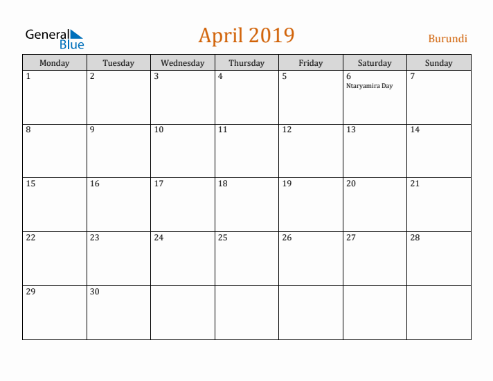 April 2019 Holiday Calendar with Monday Start
