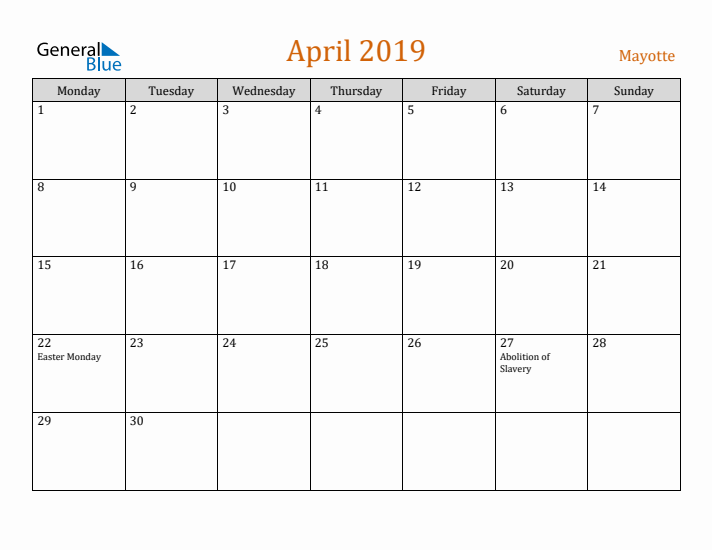 April 2019 Holiday Calendar with Monday Start