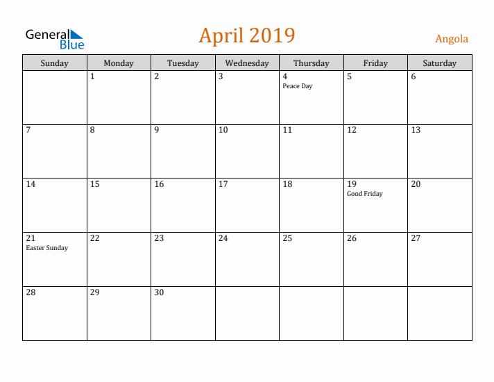 April 2019 Holiday Calendar with Sunday Start