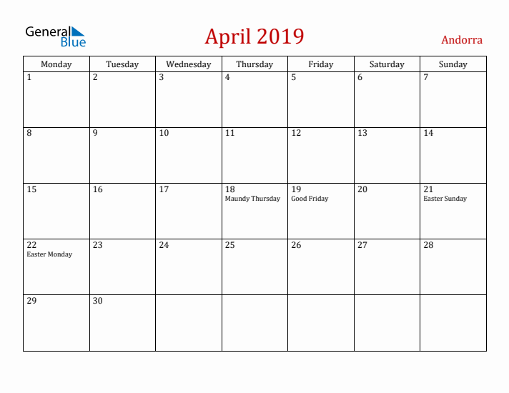 Andorra April 2019 Calendar - Monday Start