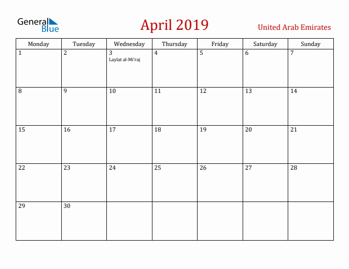 United Arab Emirates April 2019 Calendar - Monday Start