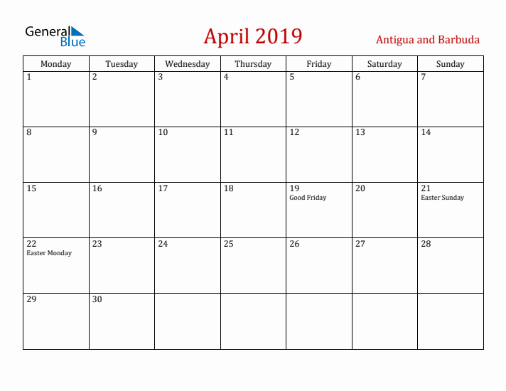 Antigua and Barbuda April 2019 Calendar - Monday Start