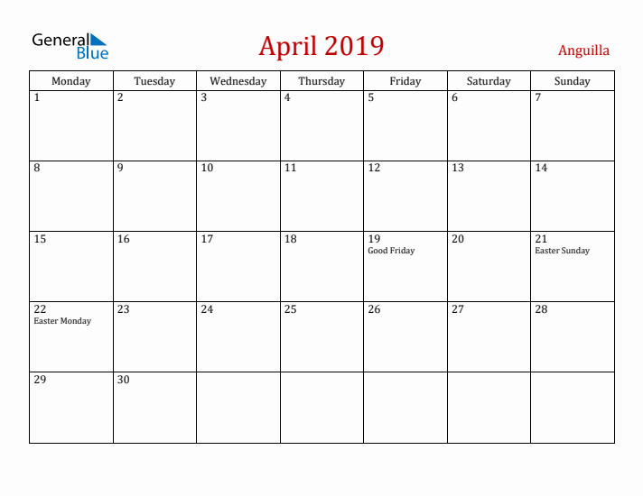 Anguilla April 2019 Calendar - Monday Start