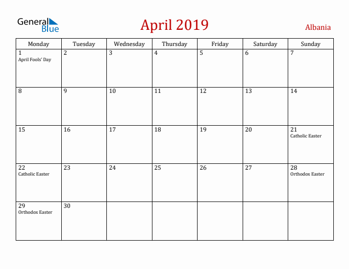 Albania April 2019 Calendar - Monday Start