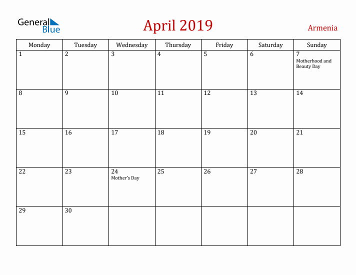 Armenia April 2019 Calendar - Monday Start