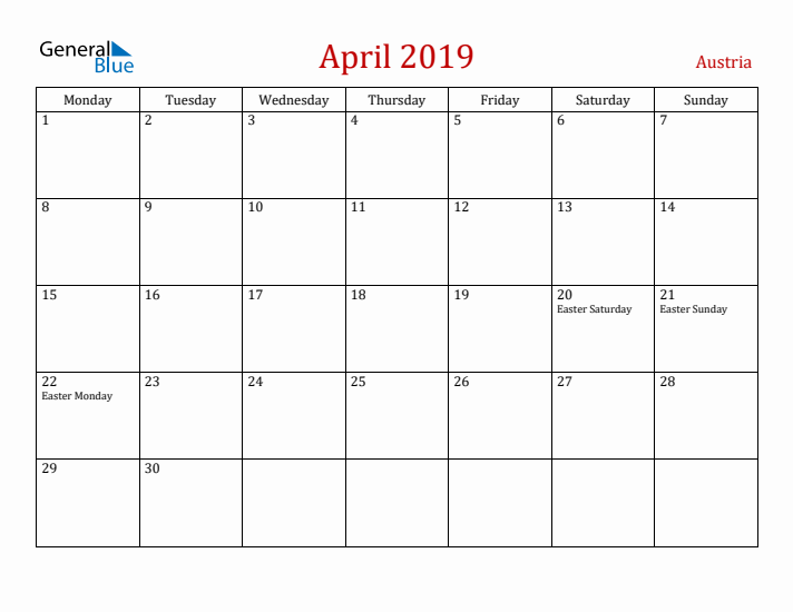 Austria April 2019 Calendar - Monday Start