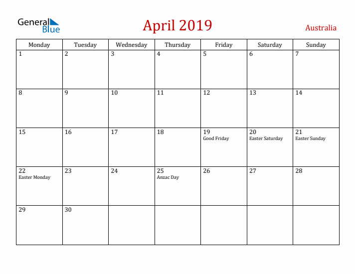 Australia April 2019 Calendar - Monday Start