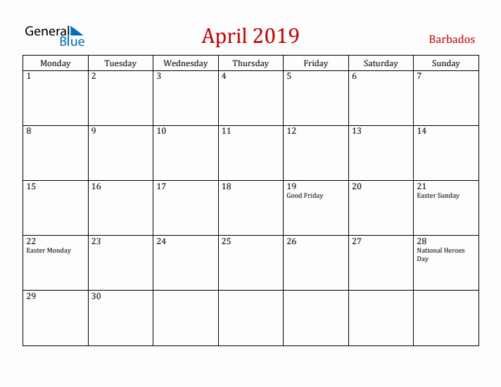 Barbados April 2019 Calendar - Monday Start
