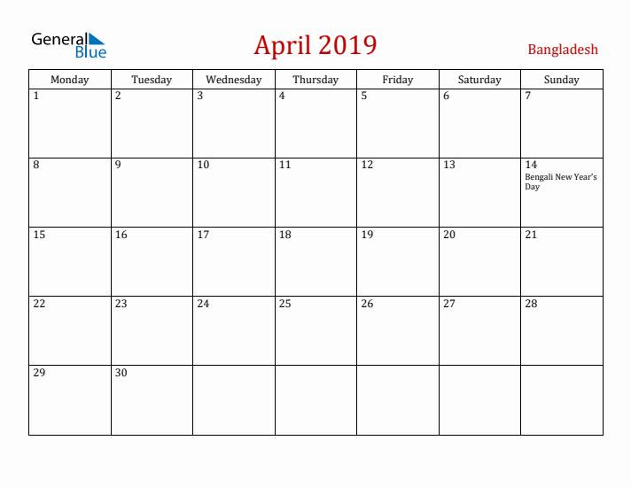 Bangladesh April 2019 Calendar - Monday Start