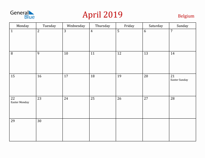 Belgium April 2019 Calendar - Monday Start