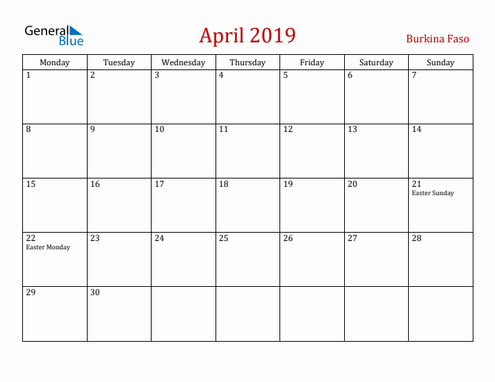 Burkina Faso April 2019 Calendar - Monday Start