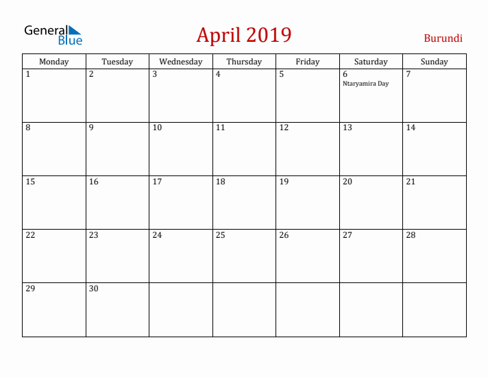 Burundi April 2019 Calendar - Monday Start