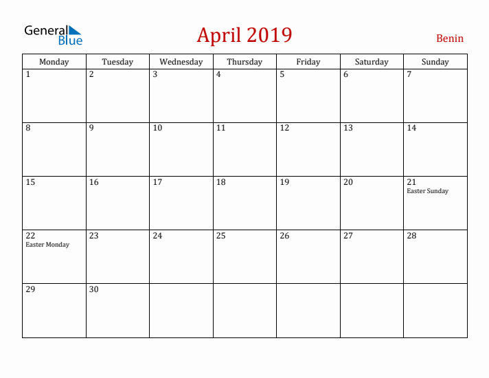 Benin April 2019 Calendar - Monday Start