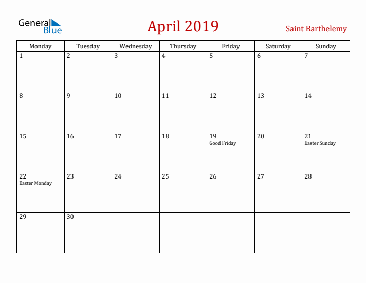 Saint Barthelemy April 2019 Calendar - Monday Start