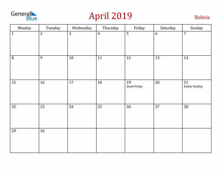 Bolivia April 2019 Calendar - Monday Start