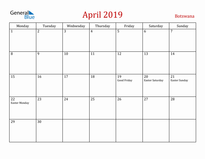 Botswana April 2019 Calendar - Monday Start