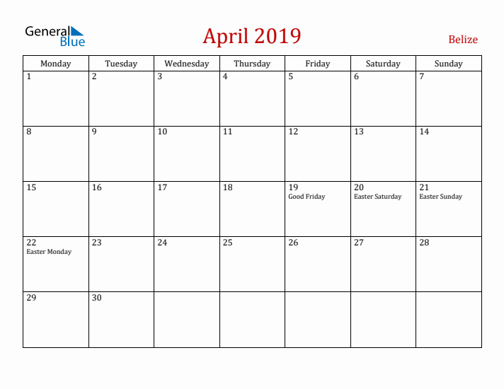 Belize April 2019 Calendar - Monday Start