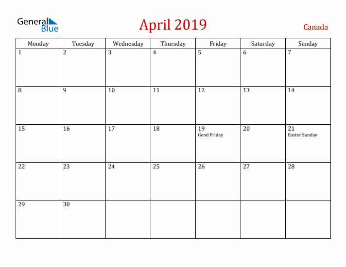 Canada April 2019 Calendar - Monday Start