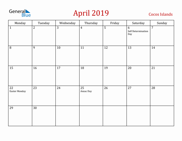 Cocos Islands April 2019 Calendar - Monday Start