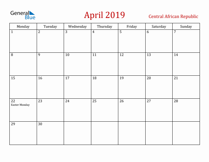 Central African Republic April 2019 Calendar - Monday Start