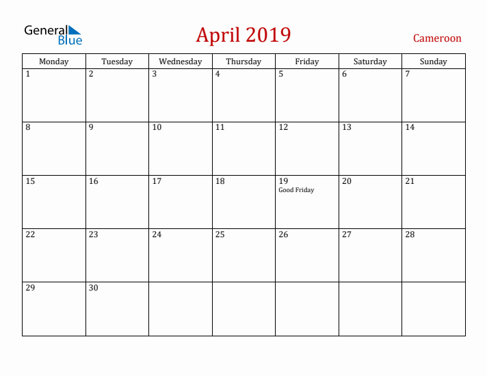 Cameroon April 2019 Calendar - Monday Start