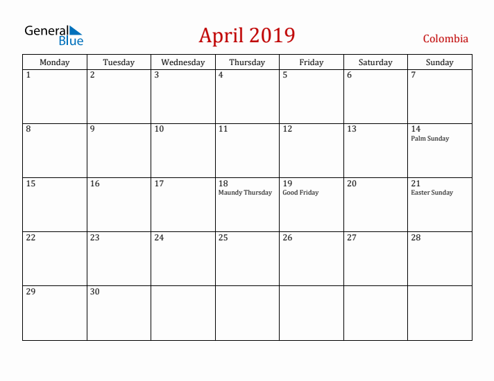 Colombia April 2019 Calendar - Monday Start