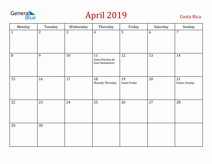 Costa Rica April 2019 Calendar - Monday Start