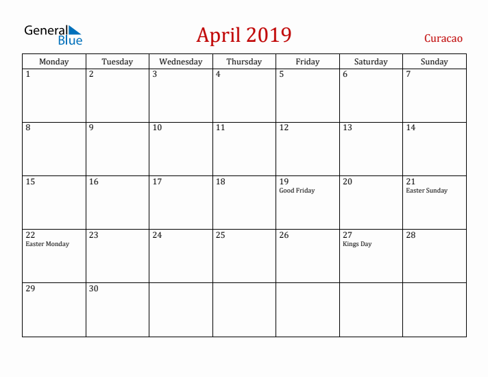 Curacao April 2019 Calendar - Monday Start