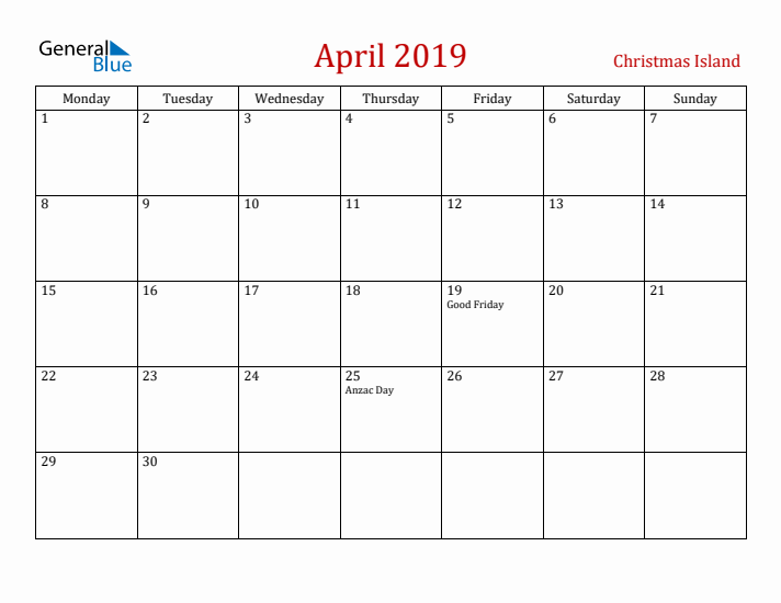 Christmas Island April 2019 Calendar - Monday Start