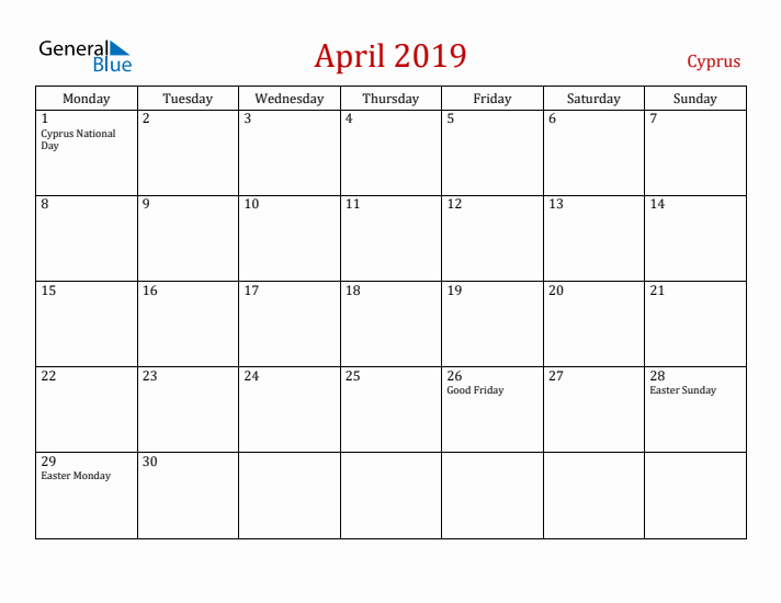 Cyprus April 2019 Calendar - Monday Start