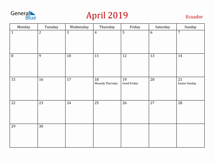 Ecuador April 2019 Calendar - Monday Start