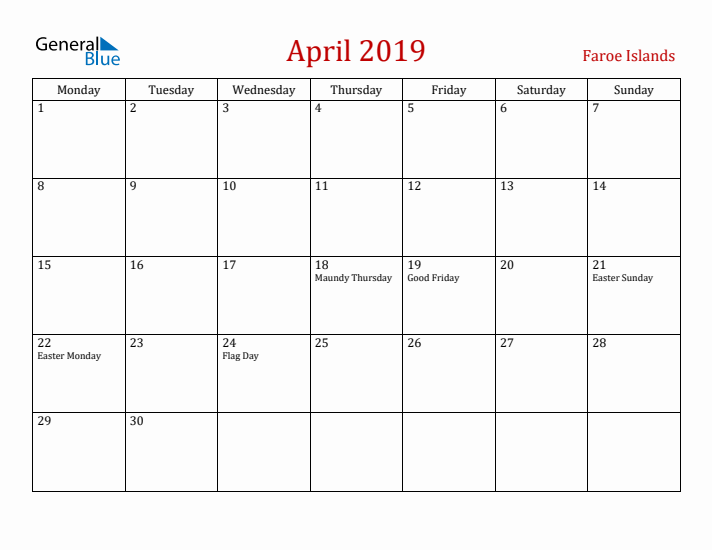 Faroe Islands April 2019 Calendar - Monday Start