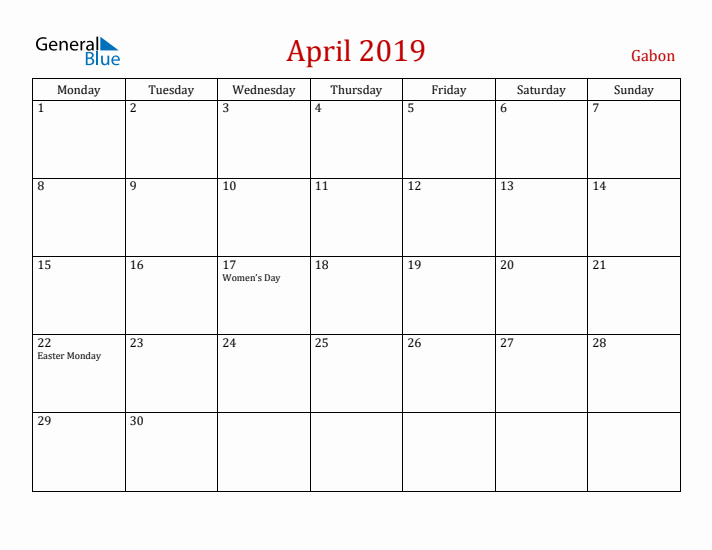 Gabon April 2019 Calendar - Monday Start