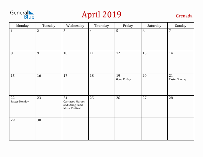 Grenada April 2019 Calendar - Monday Start