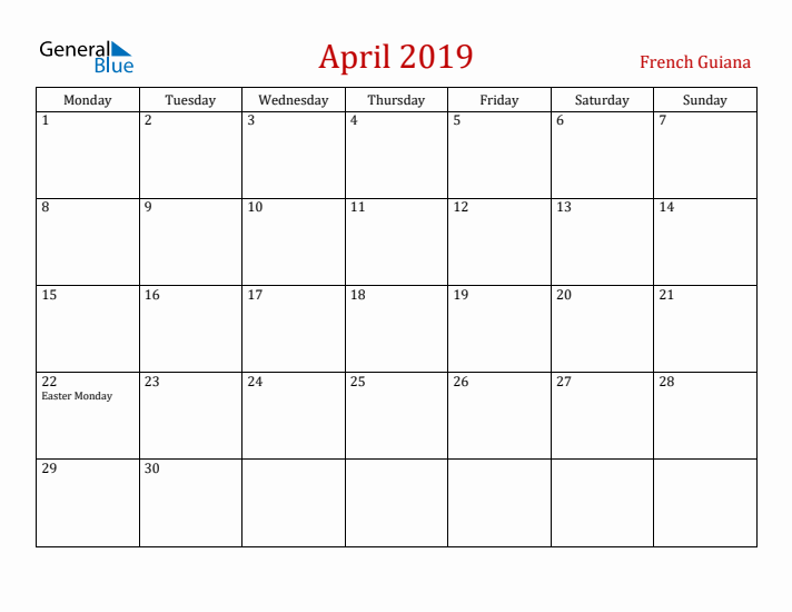 French Guiana April 2019 Calendar - Monday Start