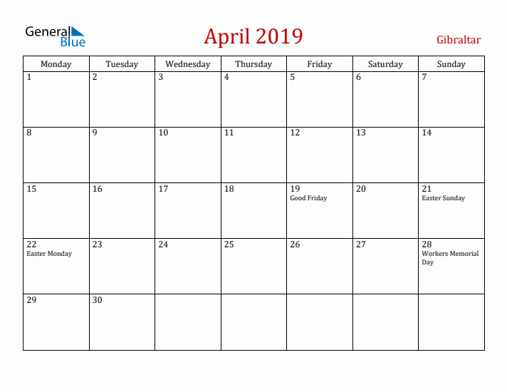 Gibraltar April 2019 Calendar - Monday Start