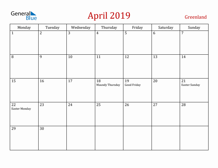 Greenland April 2019 Calendar - Monday Start