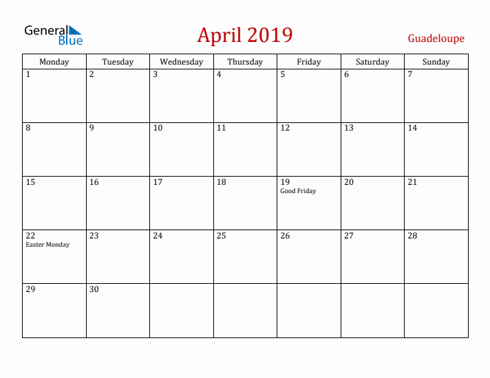 Guadeloupe April 2019 Calendar - Monday Start