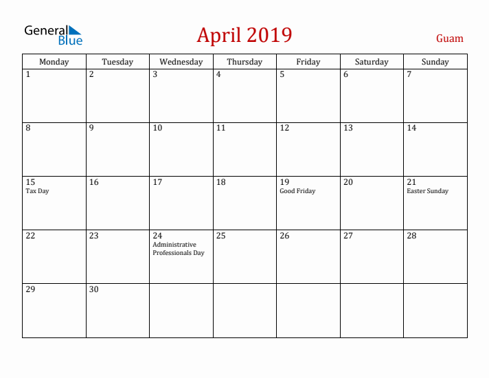Guam April 2019 Calendar - Monday Start