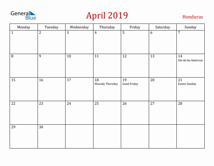 Honduras April 2019 Calendar - Monday Start