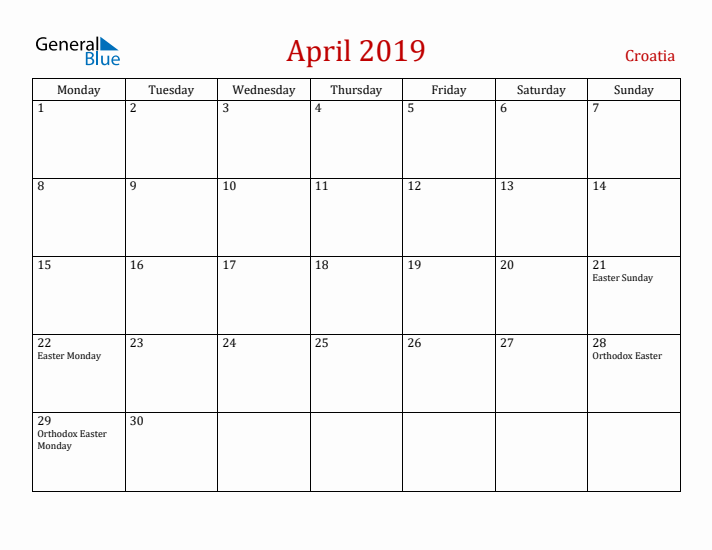 Croatia April 2019 Calendar - Monday Start