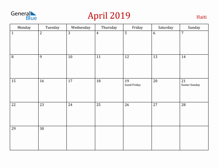 Haiti April 2019 Calendar - Monday Start